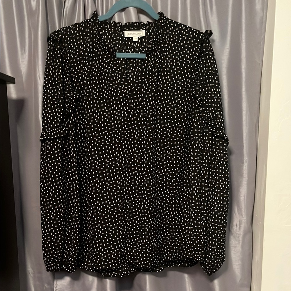 Black and White Ruffled Long Sleeve Blouse with Mandarin Collar